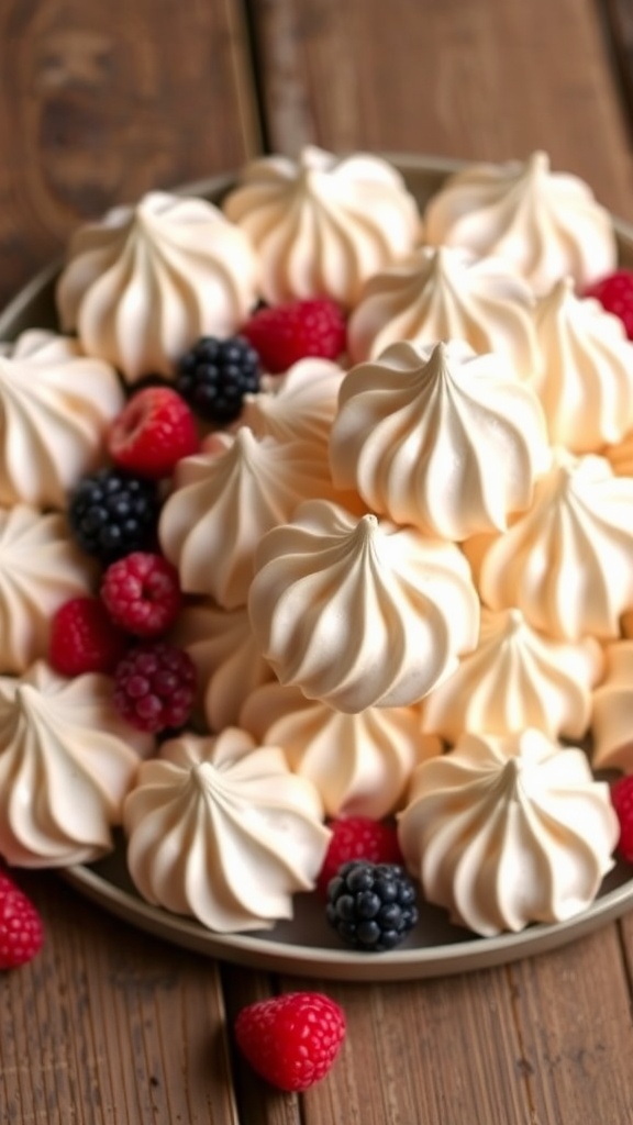 Fluffy meringue cookies on a platter with fresh berries, showcasing their light texture.